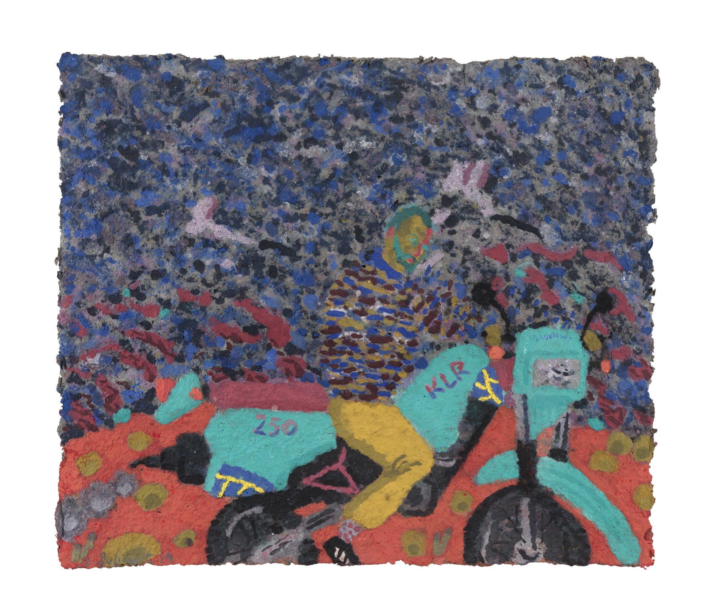 Self portrait on a bike, Coloured paper pulp, 2024 — Giannis Efthimiou